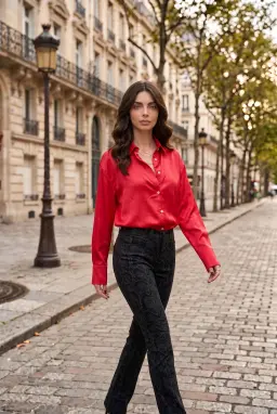 Damen Satinhemd Langarm Bluse mit Knopfleiste Korallenrot