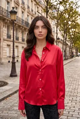 Damen Satinhemd Langarm Bluse mit Knopfleiste Korallenrot