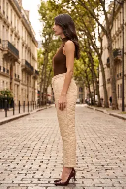 Pantalon Carotte Matelassé Taille Élastique Femme Pierre