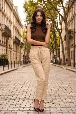 Pantalon Carotte Matelassé Taille Élastique Femme Pierre