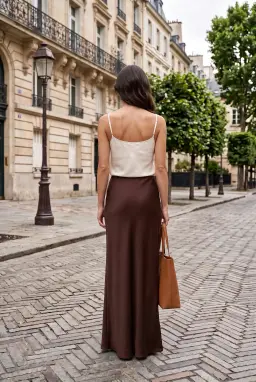 กระโปรงทรงดินสอยาวคลุมเข่าผ้ายืดเอวยางยืดสำหรับผู้หญิง — น้ำตาล