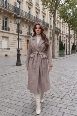 Women's Striped Belted Long Coat Beige