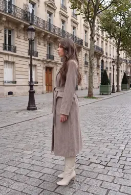 Women's Striped Belted Long Coat Beige