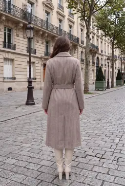 Women's Striped Belted Long Coat Beige