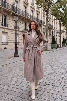 Women's Striped Belted Long Coat Beige