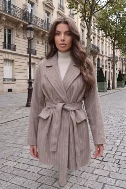 Women's Striped Belted Long Coat Beige