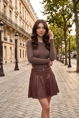 Minigonna in Ecopelle Borchiata con Zip Frontale - Marrone