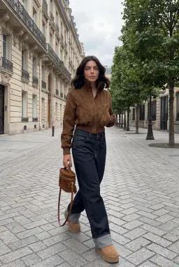 Damen Wildleder Bomberjacke Kurz Camel mit Reißverschluss