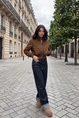Damen Wildleder Bomberjacke Kurz Camel mit Reißverschluss