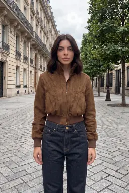 Damen Wildleder Bomberjacke Kurz Camel mit Reißverschluss