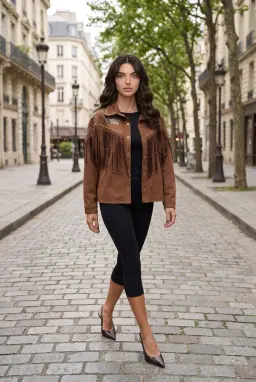 Damen Wildleder-Fransenjacke mit Nieten im Western-Cowgirl-Stil
