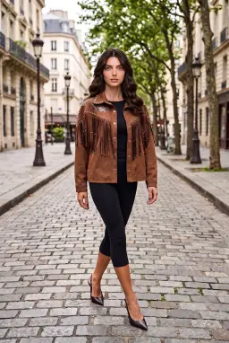 Damen Wildleder-Fransenjacke mit Nieten im Western-Cowgirl-Stil