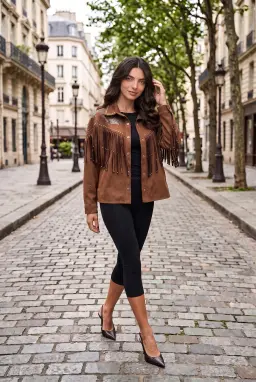 Damen Wildleder-Fransenjacke mit Nieten im Western-Cowgirl-Stil
