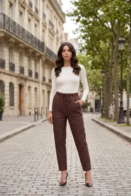 Pantalon Carotte Texturé Taille Élastique Femme Marron