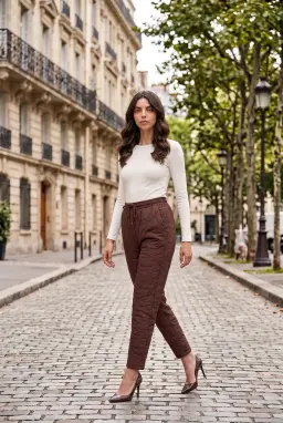 Pantalon Carotte Texturé Taille Élastique Femme Marron