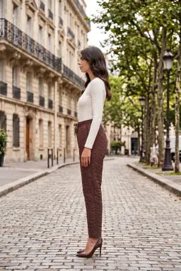 Pantalon Carotte Texturé Taille Élastique Femme Marron