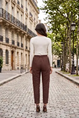Pantalon Carotte Texturé Taille Élastique Femme Marron