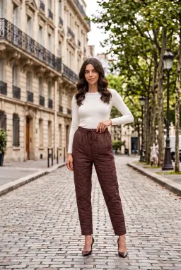 Pantalon Carotte Texturé Taille Élastique Femme Marron