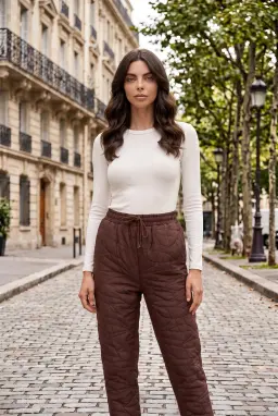 Pantalon Carotte Texturé Taille Élastique Femme Marron