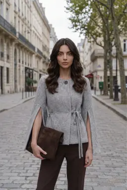 Cardigan a Mantella da Donna con Cintura e Maniche con Spacco — Grigio