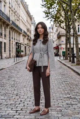Cardigan a Mantella da Donna con Cintura e Maniche con Spacco — Grigio