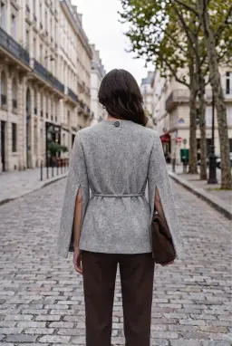 Cardigan a Mantella da Donna con Cintura e Maniche con Spacco — Grigio