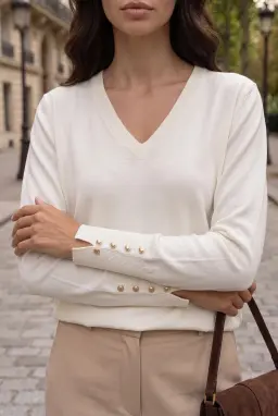 Suéter de Malha com Decote em V e Punhos com Botões para Mulher — Branco