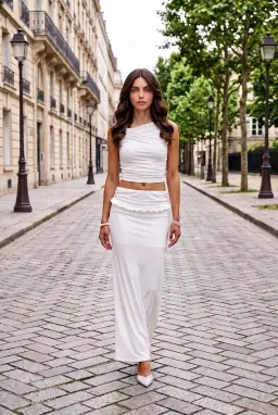 Falda Larga Blanca con Cintura Doblada y Volantes para Mujer — Blanco