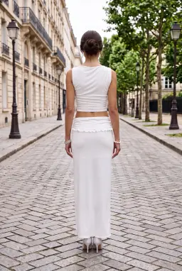 Falda Larga Blanca con Cintura Doblada y Volantes para Mujer — Blanco