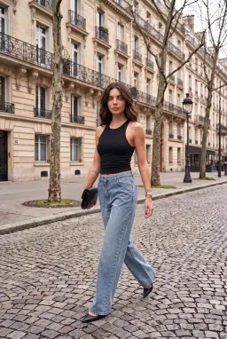 Calças Jeans Largas Azuis com Strass para Mulher