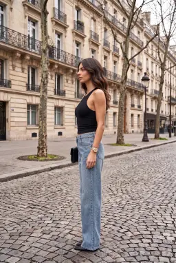 Calças Jeans Largas Azuis com Strass para Mulher