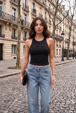 Calças Jeans Largas Azuis com Strass para Mulher