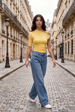 Haut Asymétrique Jaune Froncé à Une Épaule