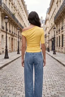 Haut Asymétrique Jaune Froncé à Une Épaule