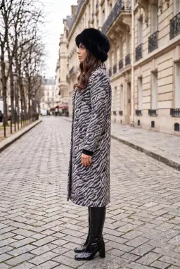 Grå Zebraprint Lång Dam Vinterkappa