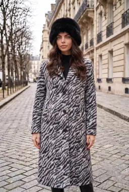 Grå Zebraprint Lång Dam Vinterkappa